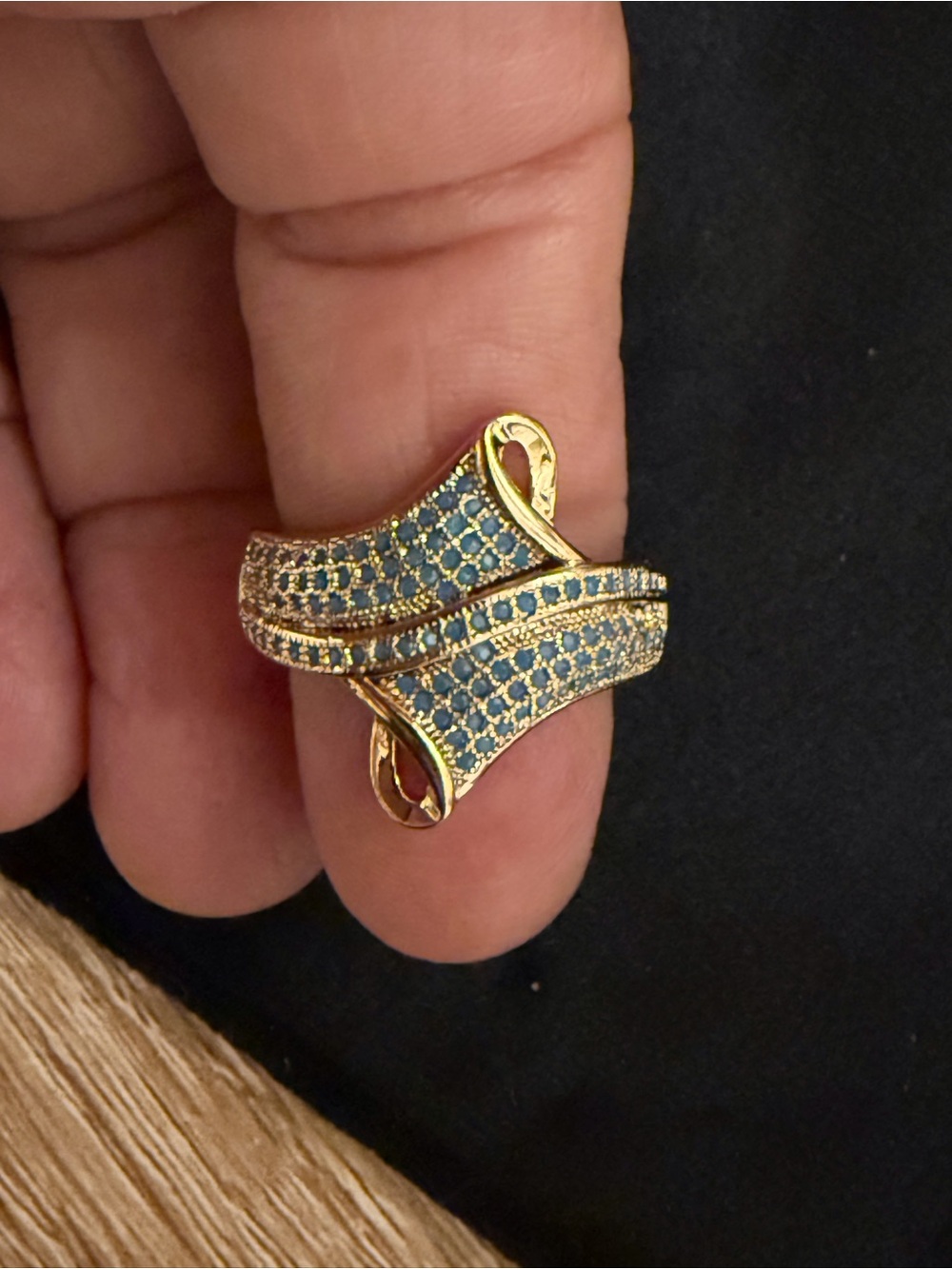 Gold-Tone Blue Crystal Wave Ring - Women Jewelry